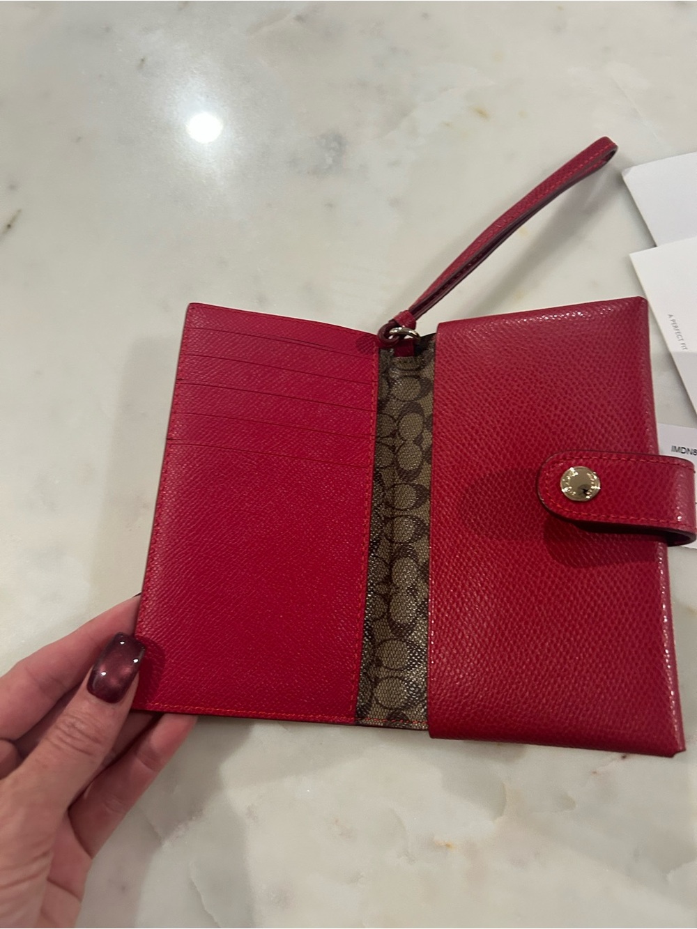Coach crossgrain Red Leather Wristlet Wallet with Signature Canvas Trim NWT